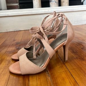 Worthington Capri Blush Pink Open Toe Heels with Ankle Tie Ribbon